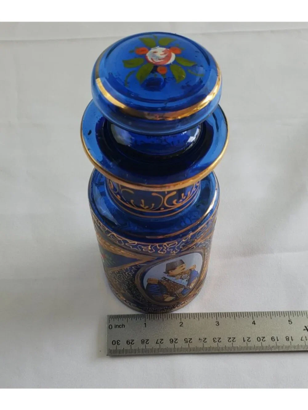 Vtg Cobalt Russian Blue Decanter w/ Etched Gold Flower w/ Stopper Tole Painted